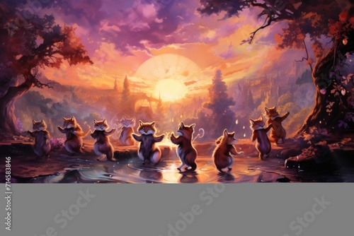 Playful twilight foxes, dancing under the fading light of the setting sun - Generative AI