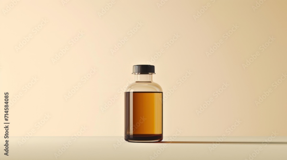 a bottle of oil sitting on top of a table next to a bottle with a brown substance in it and a black cap on the top of the bottle is empty. a bottle of oil sitting on top of a table next to a bottle with a brown substance in it and a black cap on the top of the bottle is empty.