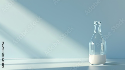 a bottle of milk sitting on top of a table next to a glass container with a small amount of milk in it on a table top of a light blue surface.