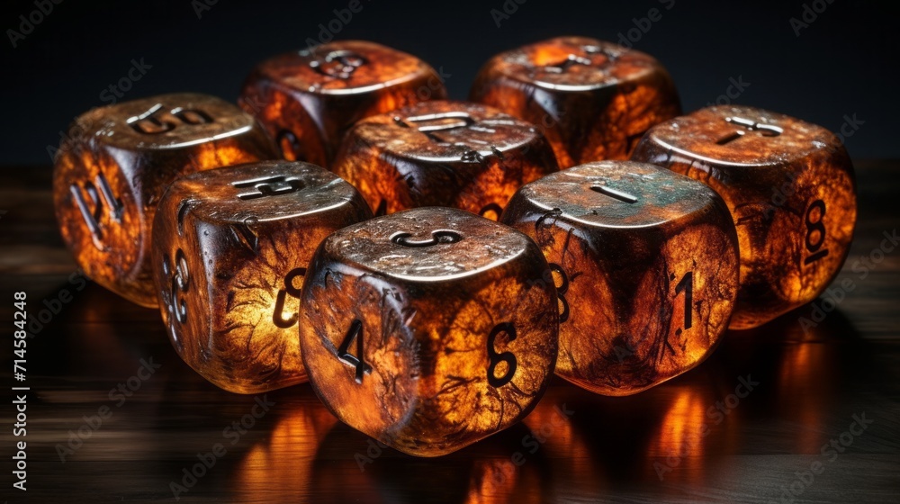 Rusty wooden dice, glowing metallic effect, ancient antique style Rusty wooden dice, glowing metallic effect, ancient antique style