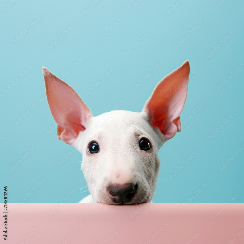Adorable white puppy with large ears peeking curiously over a pink edge against a light blue background.