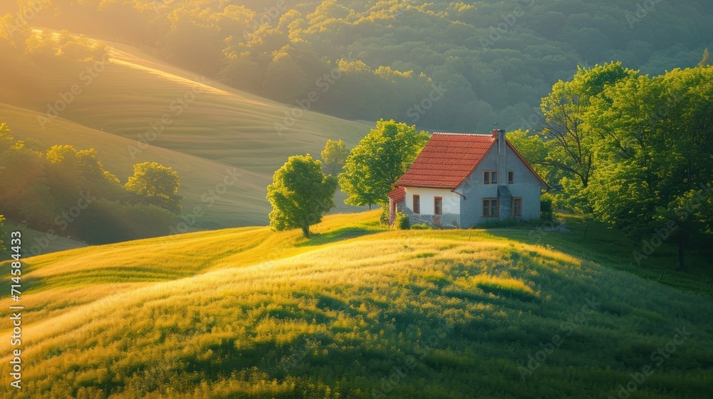 a house in the middle of a field with a red roof and a red roof on the top of the house is surrounded by trees and rolling hills in the background. a house in the middle of a field with a red roof and a red roof on the top of the house is surrounded by trees and rolling hills in the background.