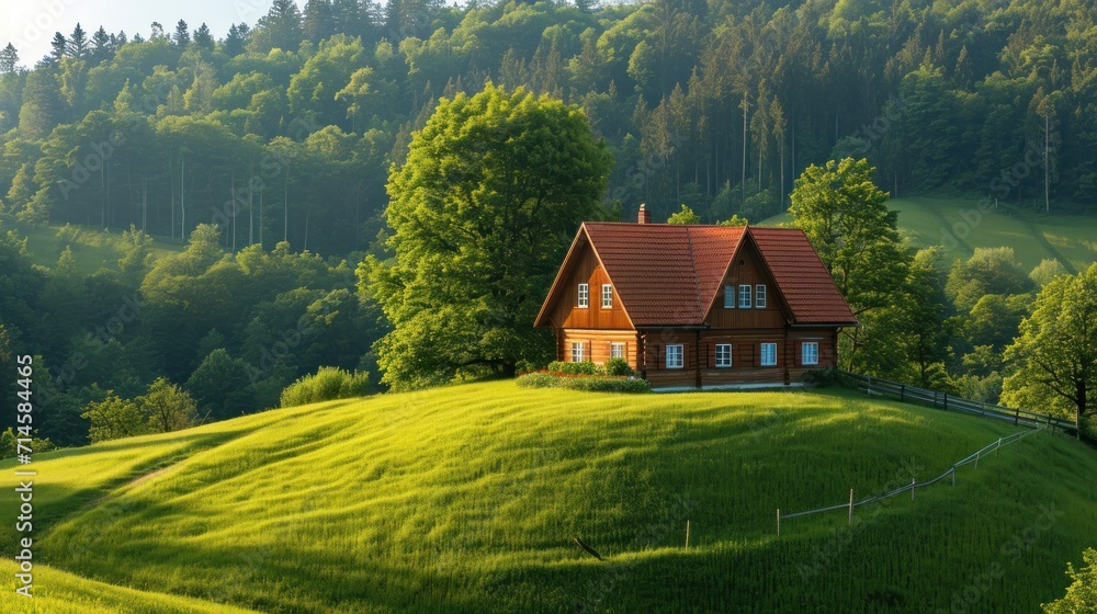  a house sitting on top of a lush green hillside in the middle of a forest filled with lush green trees and a lush green hillside covered with lots of trees.