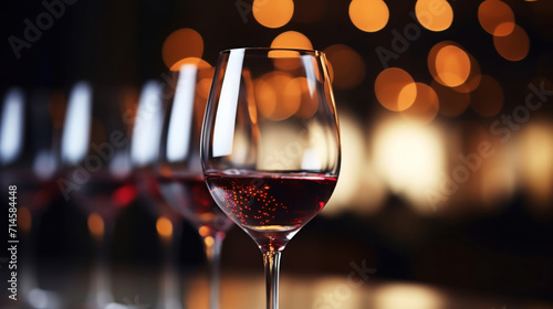 Close-up of red wine glasses ready for a toast  with glowing bokeh lights creating an intimate and celebratory mood.