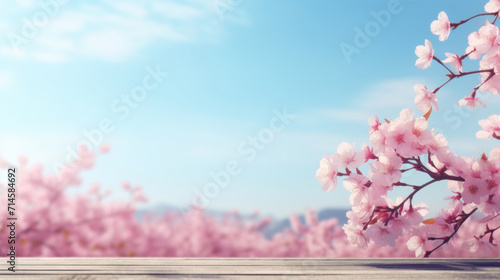 A serene view of pink cherry blossoms extending over a wooden deck with a clear blue sky in the background.