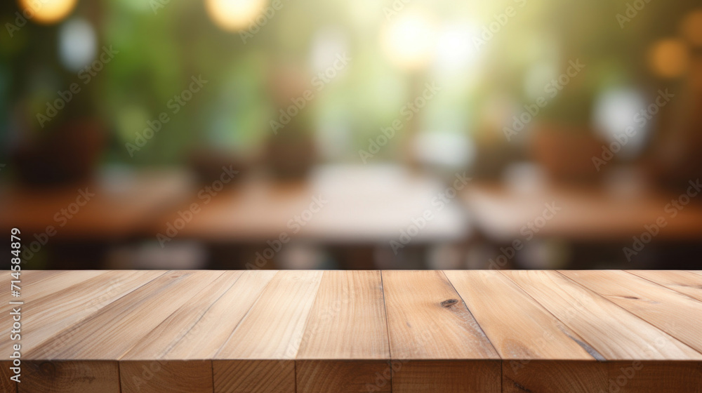 A smooth wooden tabletop with a warm, blurred background of a cozy restaurant setting, inviting and comfortable.