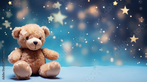 A cute teddy bear sitting in front of a starry, sparkling blue background, evoking childlike wonder. © tashechka