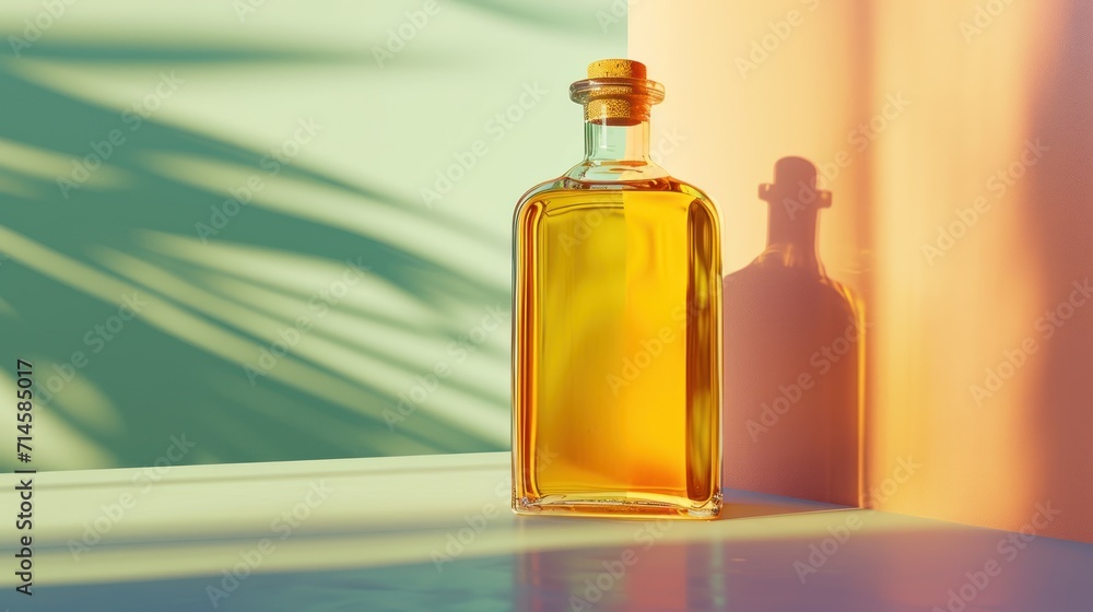 a bottle of olive oil sitting on a table next to a shadow of a palm tree on the side of a wall and a shadow of a wall behind it. a bottle of olive oil sitting on a table next to a shadow of a palm tree on the side of a wall and a shadow of a wall behind it.