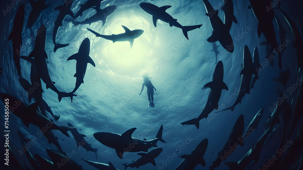 underwater silhouette shot of sharks circling swimmer - obrazy, fototapety, plakaty 