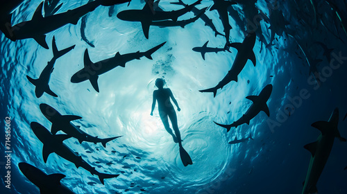 underwater silhouette shot of sharks circling swimmer © sam