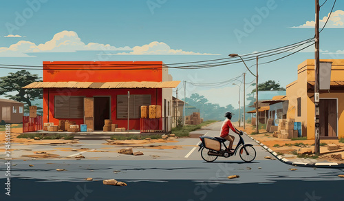 A postal worker rides a moped through a small desert town