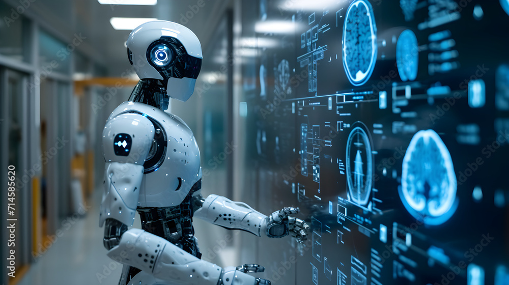 futuristic healthcare concept with humanoid diagnostic medical robot viewing charts on virtual screen futuristic healthcare concept with humanoid diagnostic medical robot viewing charts on virtual screen
