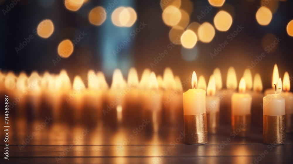 A serene candlelight vigil with rows of golden candles, their flames gently flickering in a tranquil setting with soft focus lights in the background. A serene candlelight vigil with rows of golden candles, their flames gently flickering in a tranquil setting with soft focus lights in the background.