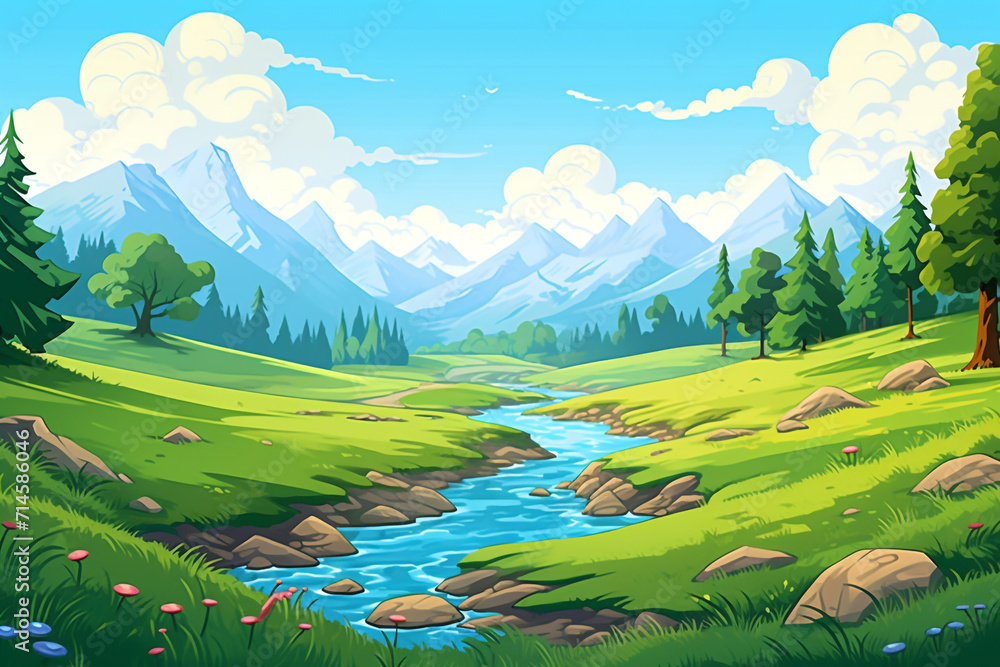 Beautiful landscape. Small river. Mountains on the horizon. Green meadow. Forest. Clear sky. Bright warm colors. The beauty of the nature. Landscape work of art.  transparent background Generative Ai