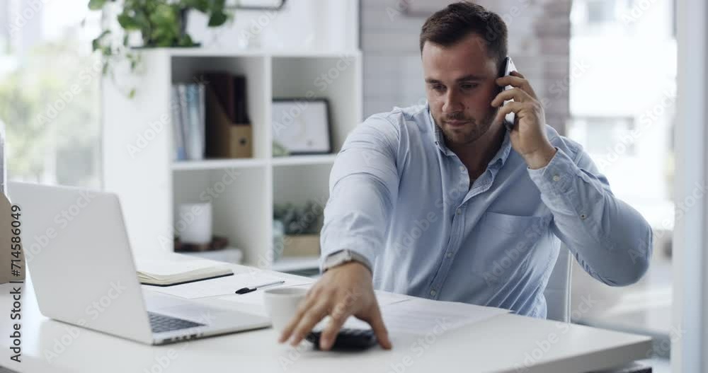 Phone call, laptop and coffee accident with businessman in office for communication, networking or discussion. Finance, calculator and mistake with employee spilling drink on computer in workplace Phone call, laptop and coffee accident with businessman in office for communication, networking or discussion. Finance, calculator and mistake with employee spilling drink on computer in workplace