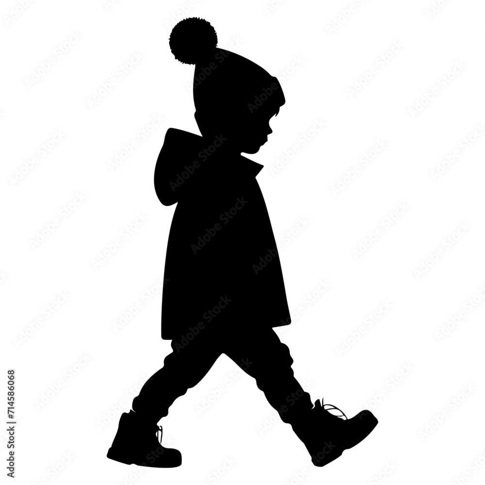 minimal child walking forward in winter clothing pose vector silhouette
