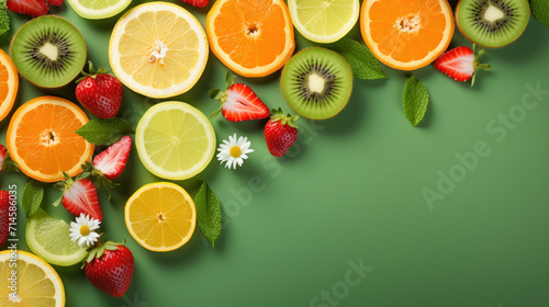 A variety of sliced citrus fruits arranged neatly on a fresh green background with space for text.