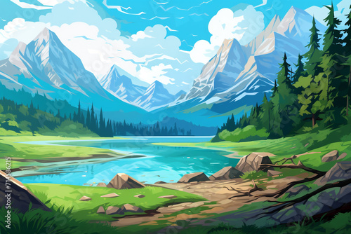 Beautiful landscape. Small river. Mountains on the horizon. Green meadow. Forest. Clear sky. Bright warm colors. The beauty of the nature. Landscape work of art. transparent background Generative Ai