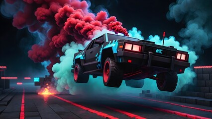 Gardinen Kinderzimmer Drifting blocky cubes Police car on dark black background with red smoke. Generative AI.  © Janis