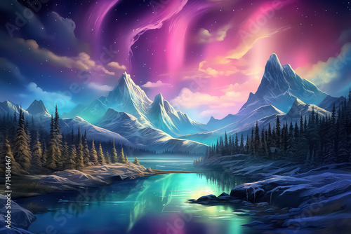 northern lights in night starry sky against background of mountains