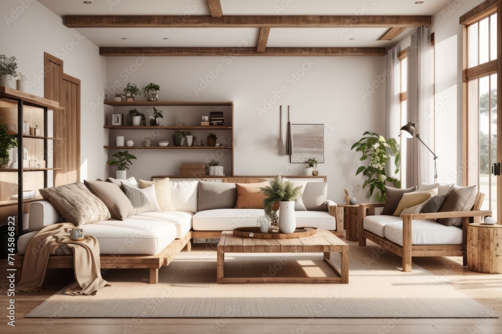 Fototapeta premium Farmhouse interior home design of modern living room with wooden table sofa and rustic wooden furniture near the window