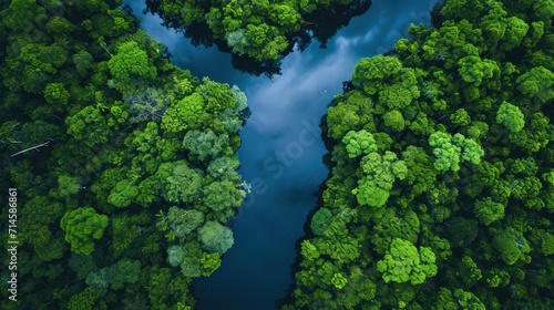 an aerial view of a river in the middle of a forest with lots of trees on both sides of the river and a few clouds in the sky above the water.