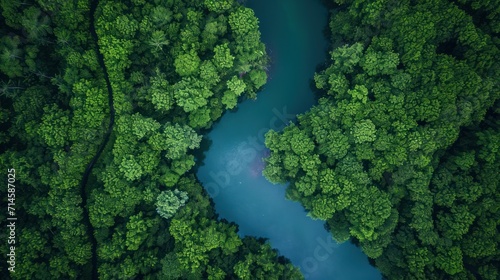  an aerial view of a river in the middle of a forest with a blue river running through the middle of the forest, surrounded by lush green trees and blue water.