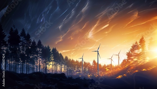 Fantasy landscape with wind turbines in the forest. 3d render photo