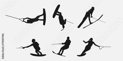 Water ski vector set silhouettes. Isolated on white background, Water sport, summer. Vector illustration. photo