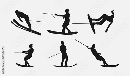 Water ski vector set silhouettes. Isolated on white background, Water sport, summer. Vector illustration.