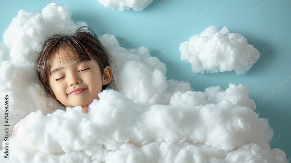 A beautiful Asian kid with a smile sleeps on a bed with a soft white blanket and pillows that look like clouds on a soft blue background.