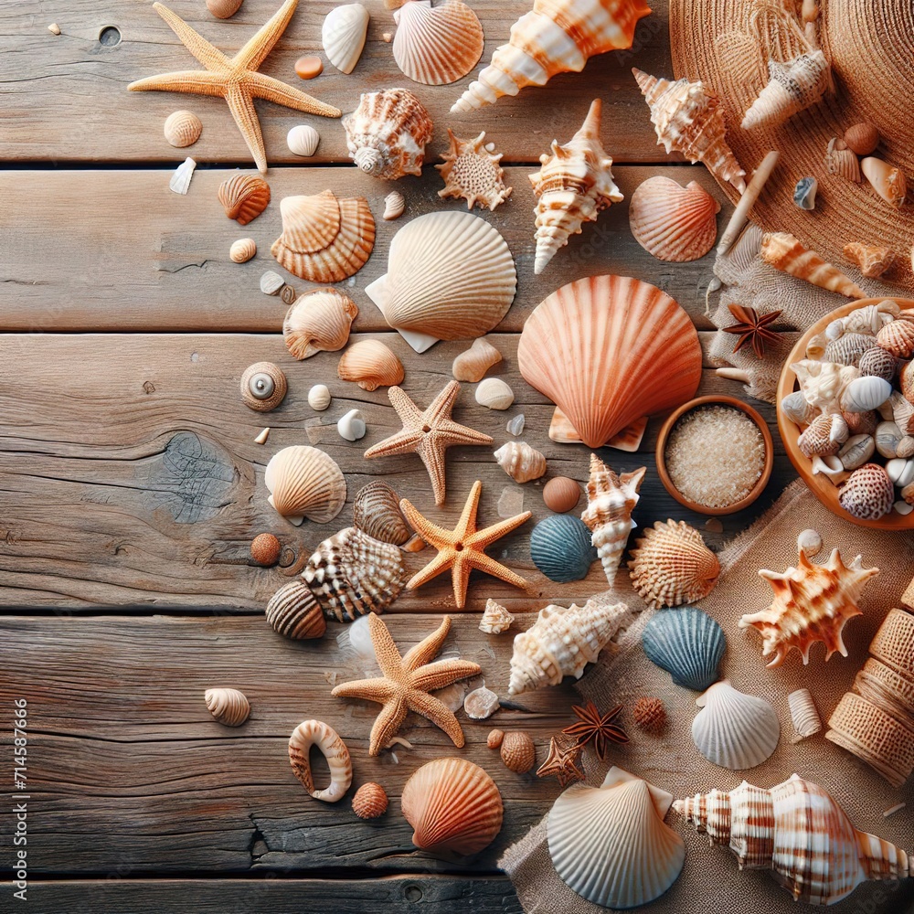 Seashells on wooden background. Sea summer vacation background with space for the text