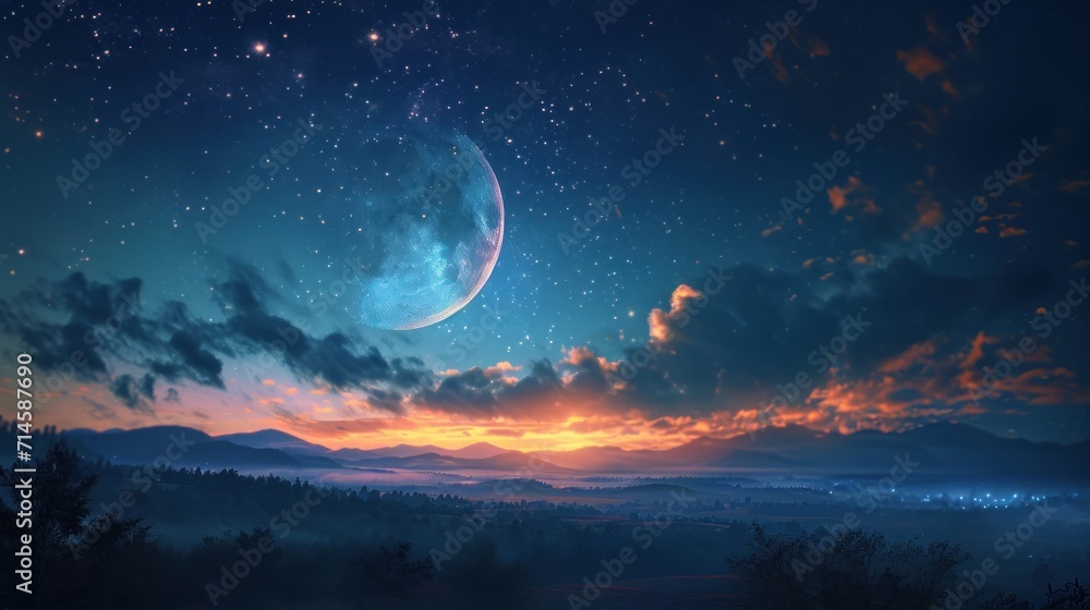  a view of a night sky with the moon and stars in the distance with a mountain range in the foreground and a distant city on the far side of the horizon.