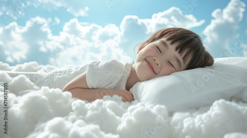 A beautiful Asian kid with a smile sleeps on a bed with a soft white blanket and pillows that look like clouds on a soft blue background.