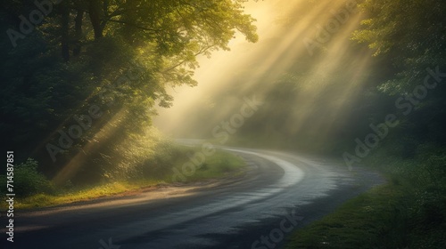  a road in the middle of a forest with sunbeams shining through the trees on either side of the road there is a light coming from the trees on the other side of the road.