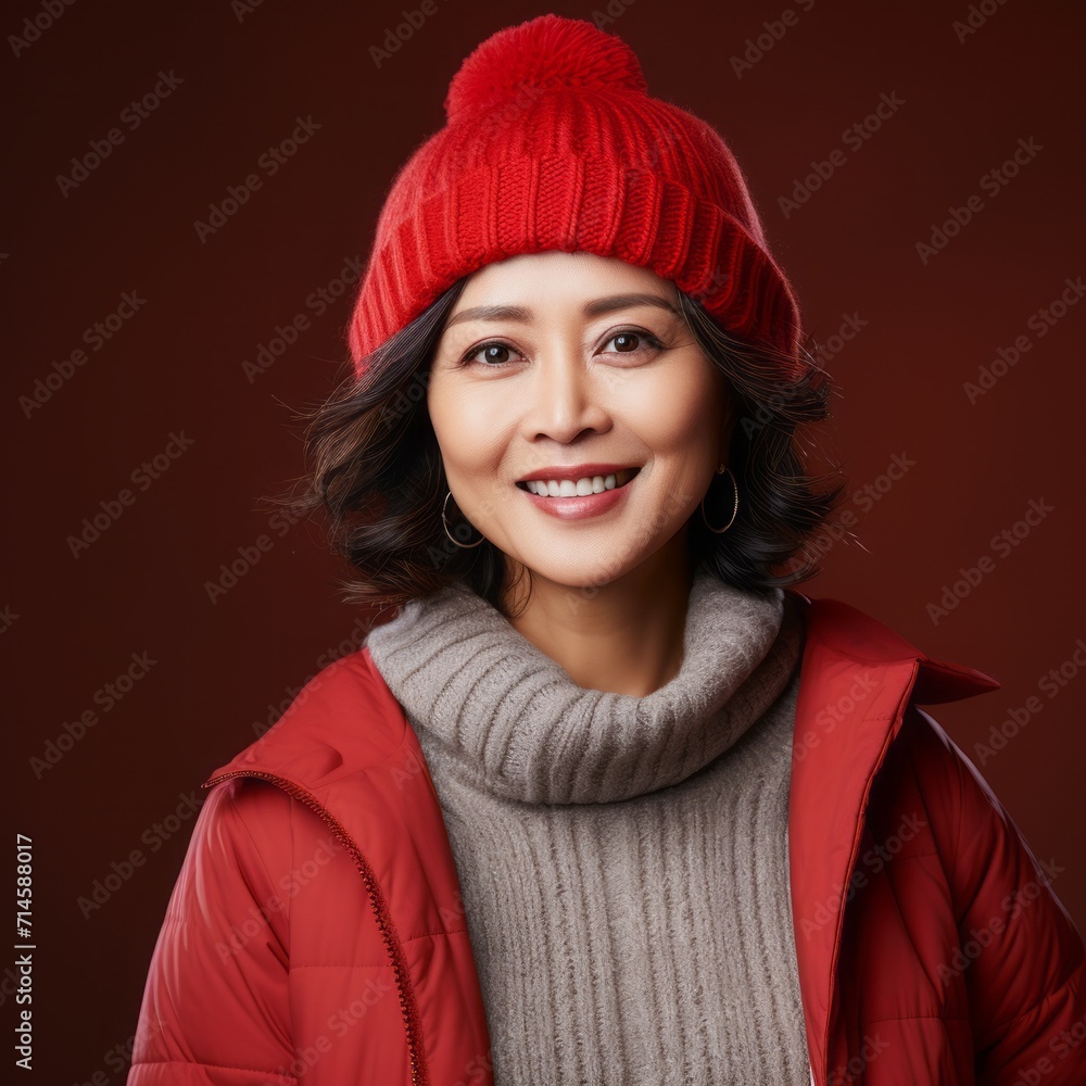Happy middle aged asian woman in a red winter hat and a red coat. Portrait of senior Japanese woman in a winter cap smiling on a red background looking at the camera. Cheerful woman in a pom pom hat. Happy middle aged asian woman in a red winter hat and a red coat. Portrait of senior Japanese woman in a winter cap smiling on a red background looking at the camera. Cheerful woman in a pom pom hat.