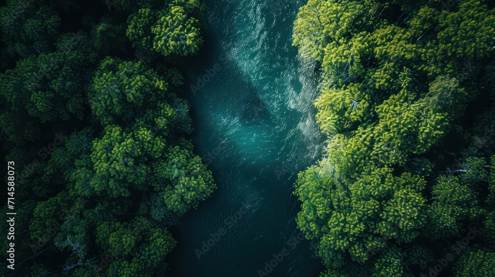  an aerial view of a river in the middle of a forest with lots of green trees on both sides of the river and a boat in the middle of the water. - obrazy, fototapety, plakaty 
