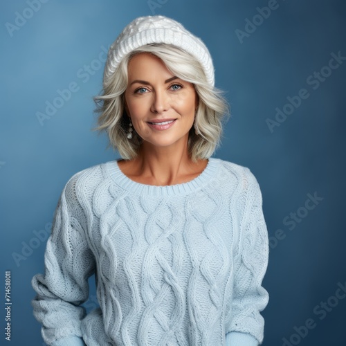 Happy middle aged woman in a white winter hat and a blue sweater. Portrait of beautiful mature woman in a winter cap smiling on a blue background looking at camera. Cheerful caucasian woman in a hat.