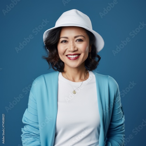 Happy middle aged asian woman in a stylish bucket hat and a white shirt. Portrait of senior Japanese woman in a white hat smiling on a blue background looking at the camera. Cheerful woman in a hat.