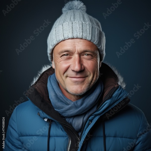 Happy middle aged man in a blue winter hat and a blue winter coat. Portrait of a senior man in a winter cap standing on a blue background looking at the camera. Cheerful mature man in a pom pom hat.