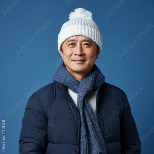 Happy asian middle aged man in a white winter hat and a blue coat. Portrait of a senior man in a winter cap standing on a blue background looking at camera. Cheerful mature Japanese man in a hat.