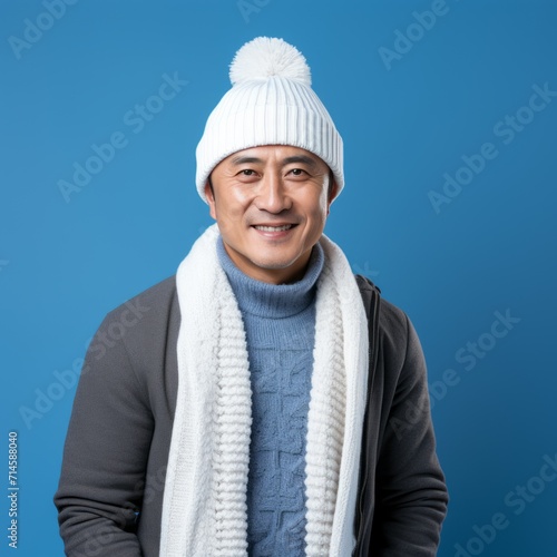 Happy asian middle aged man in a white winter hat and a gray coat. Portrait of a senior man in a winter cap standing on a blue background looking at camera. Cheerful mature Japanese man in a hat.