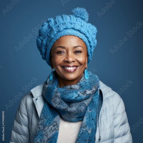 Happy middle aged African woman in a blue winter hat and a blue sweater. Portrait of senior black woman in a winter cap smiling on a blue background looking at the camera. Young woman in a hat.