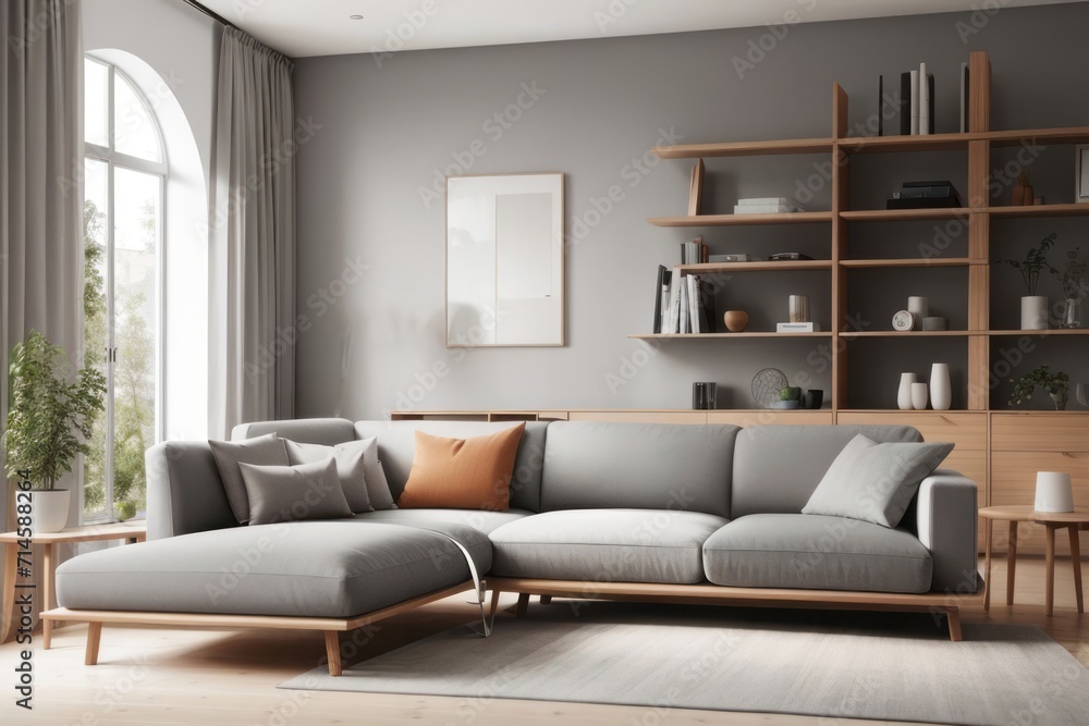 Scandinavian interior home design of modern living room with gray sofa and furniture with bookshelves near the window Scandinavian interior home design of modern living room with gray sofa and furniture with bookshelves near the window