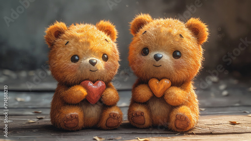 Charming Cartoon Teddy Bears with Hearts on Wooden Floor © oxart_studio