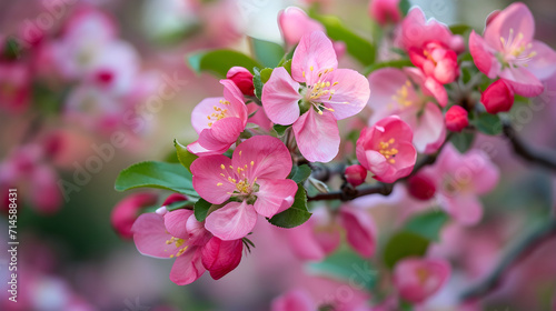 Blooming branch with pink flowers in the garden