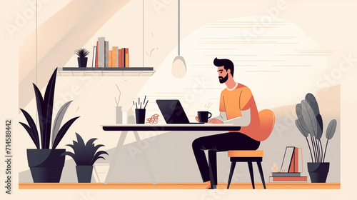 a vector flat style illustration capturing a man's work or study session on a laptop at home, featuring a balanced mix of home and coworking space attributes