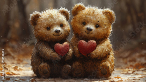 Charming Teddy Bears Holding Hearts in a Natural Forest Setting © oxart_studio
