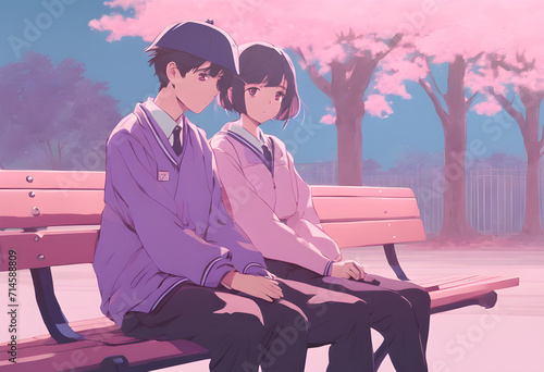 Teenage Student Couple sitting on bench under cherry blossom tree, Pink and Purple Lo-fi Anime Aesthetic Tone