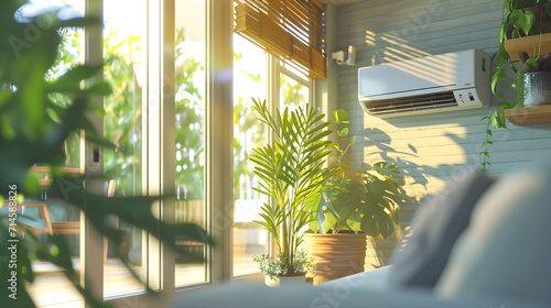 An air conditioner hangs on a wall of a cozy room with furniture and plants photo